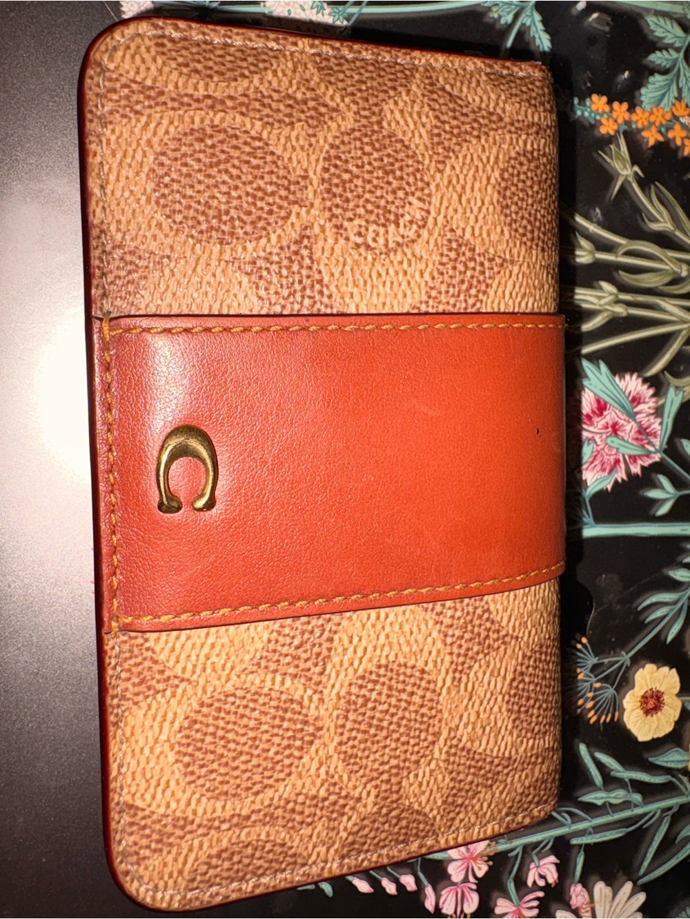 Coach Brown Signature Canvas Phone Folio with Orange Leather Band